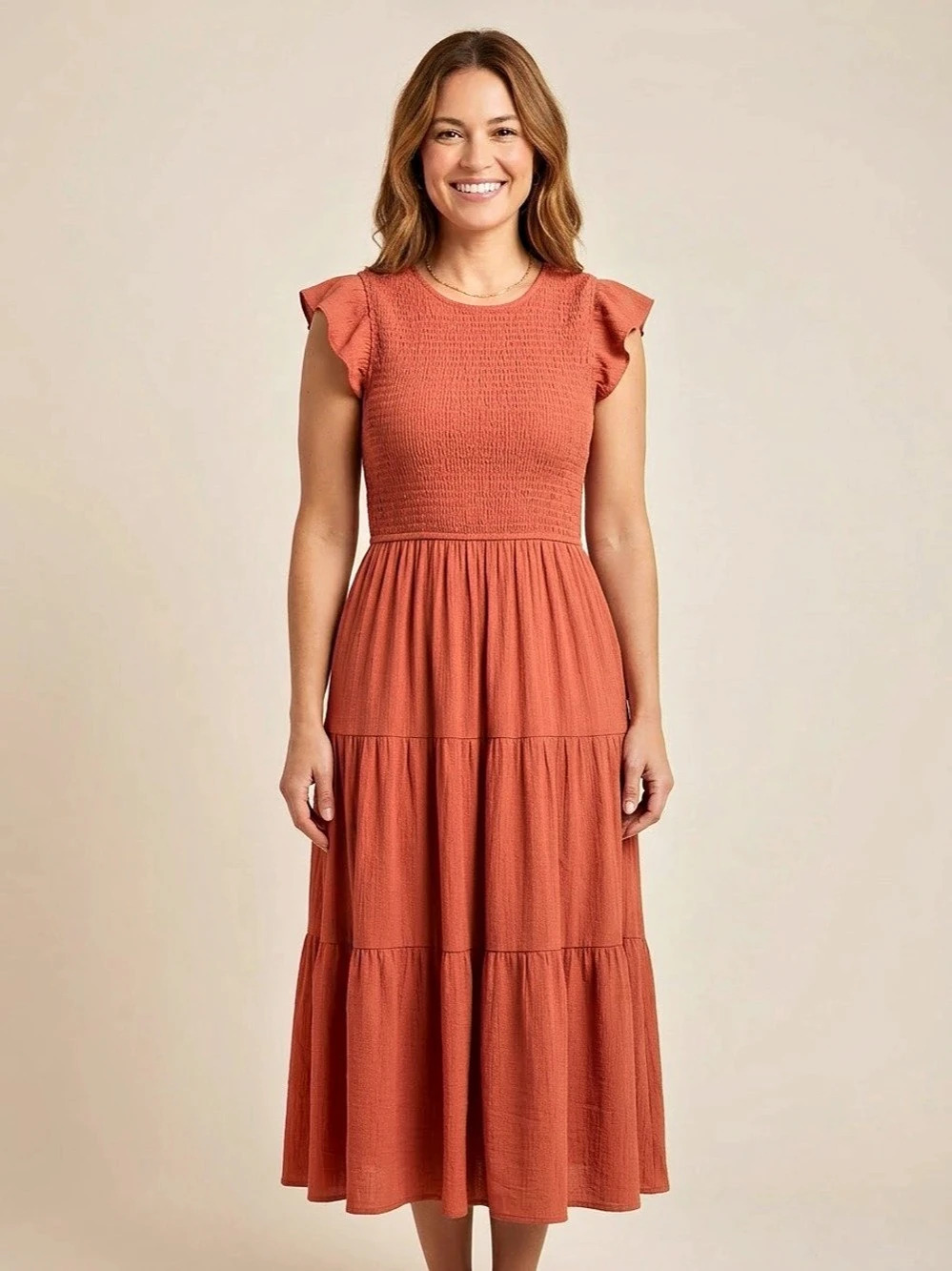 By the River Ruffle Sleeve Midi Dress in Orange Size Small